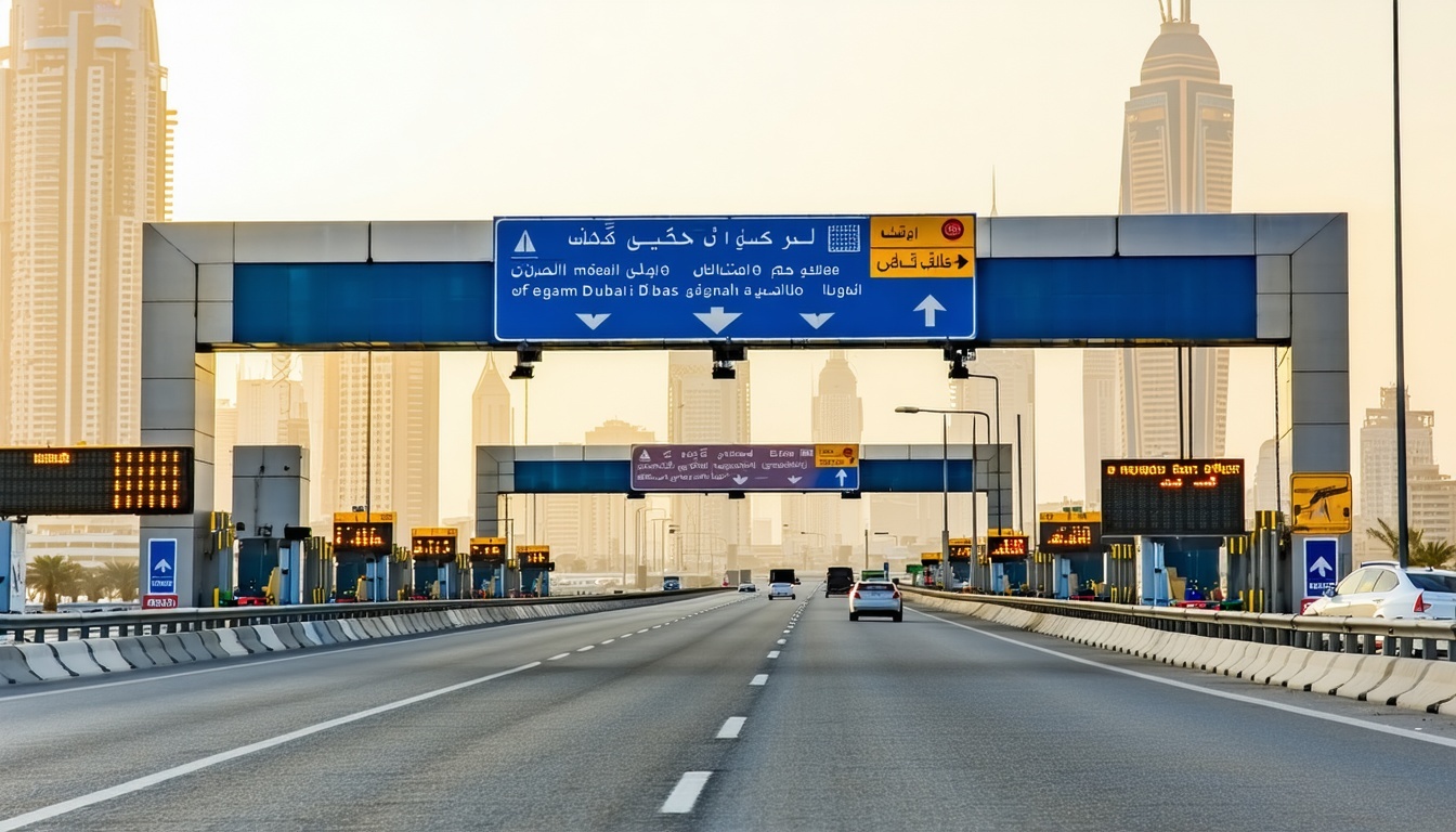 Modern Dubai toll gate system on a busy city highway