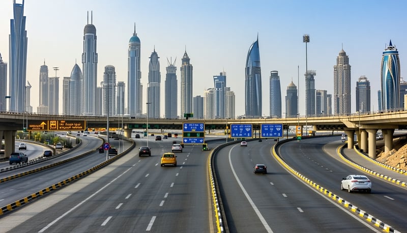 Dubai skyline with major highways and toll gates Dubai skyline with major highways and toll gates