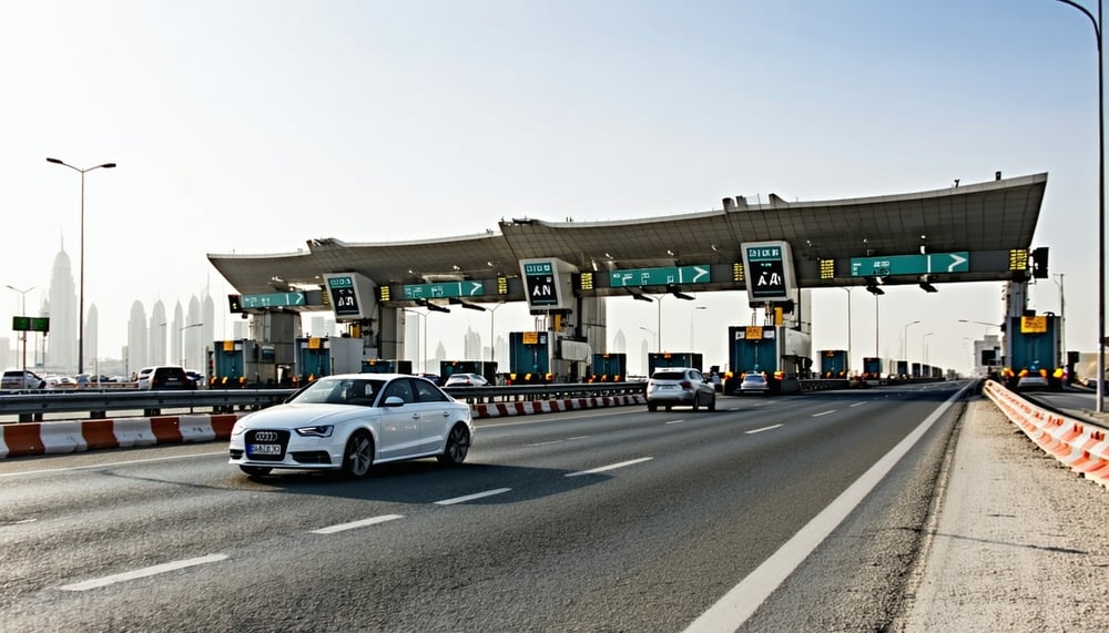 Dubai road toll system with cars passing through a modern toll gate Dubai road toll system with cars passing through a modern toll gate